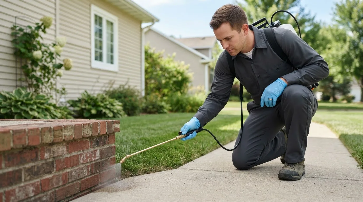 Pest control technician treating a home near Chardon, OH