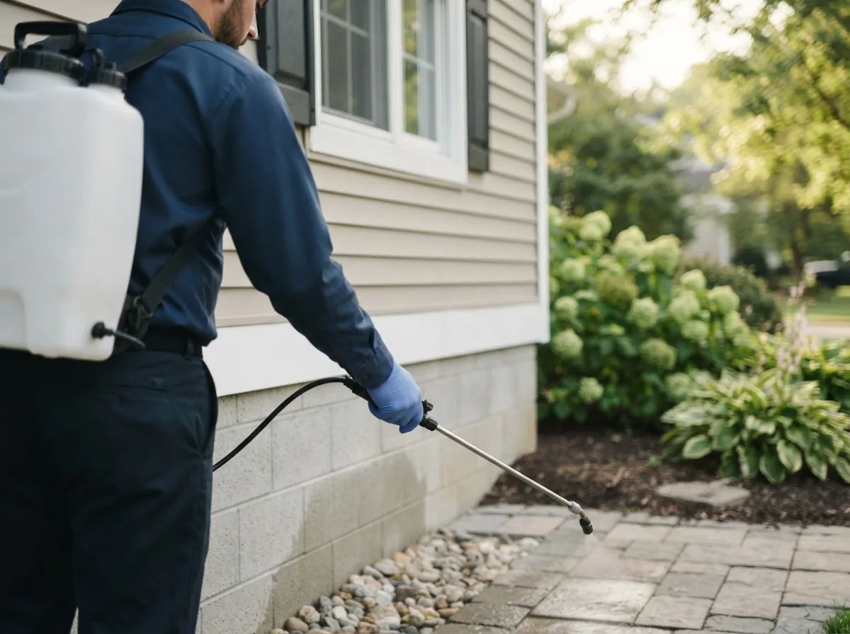Pest control technician inspecting a home in Chardon, OH